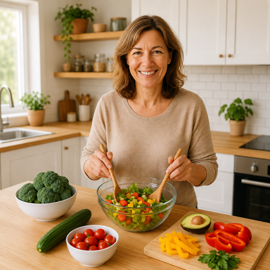 Mulher 40+ sorrindo enquanto prepara uma salada colorida com tomate-cereja, abacate, cenoura, pimentão vermelho, brócolis e pepino na cozinha