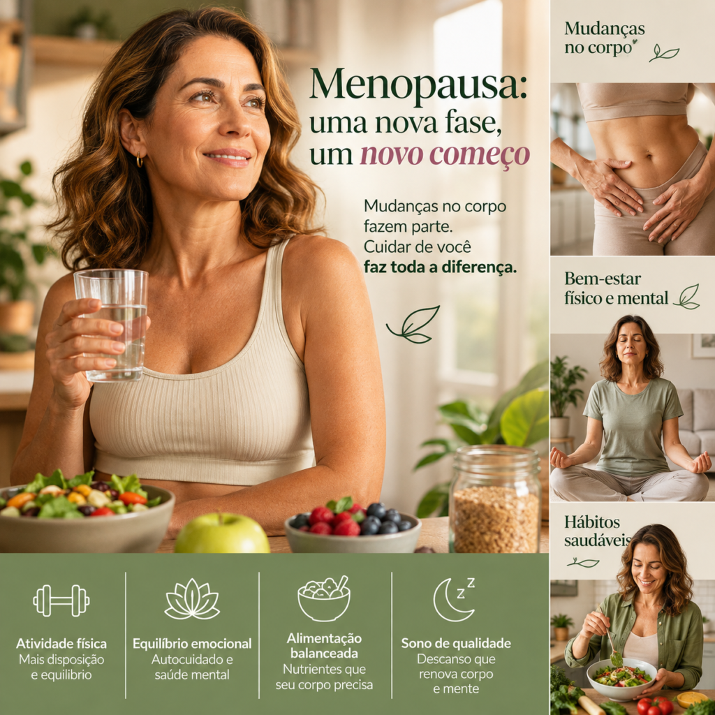Mulher 40+ representando mudanças no corpo durante a menopausa