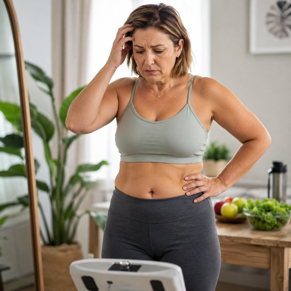 Mulher 40+ com ganho de peso na menopausa