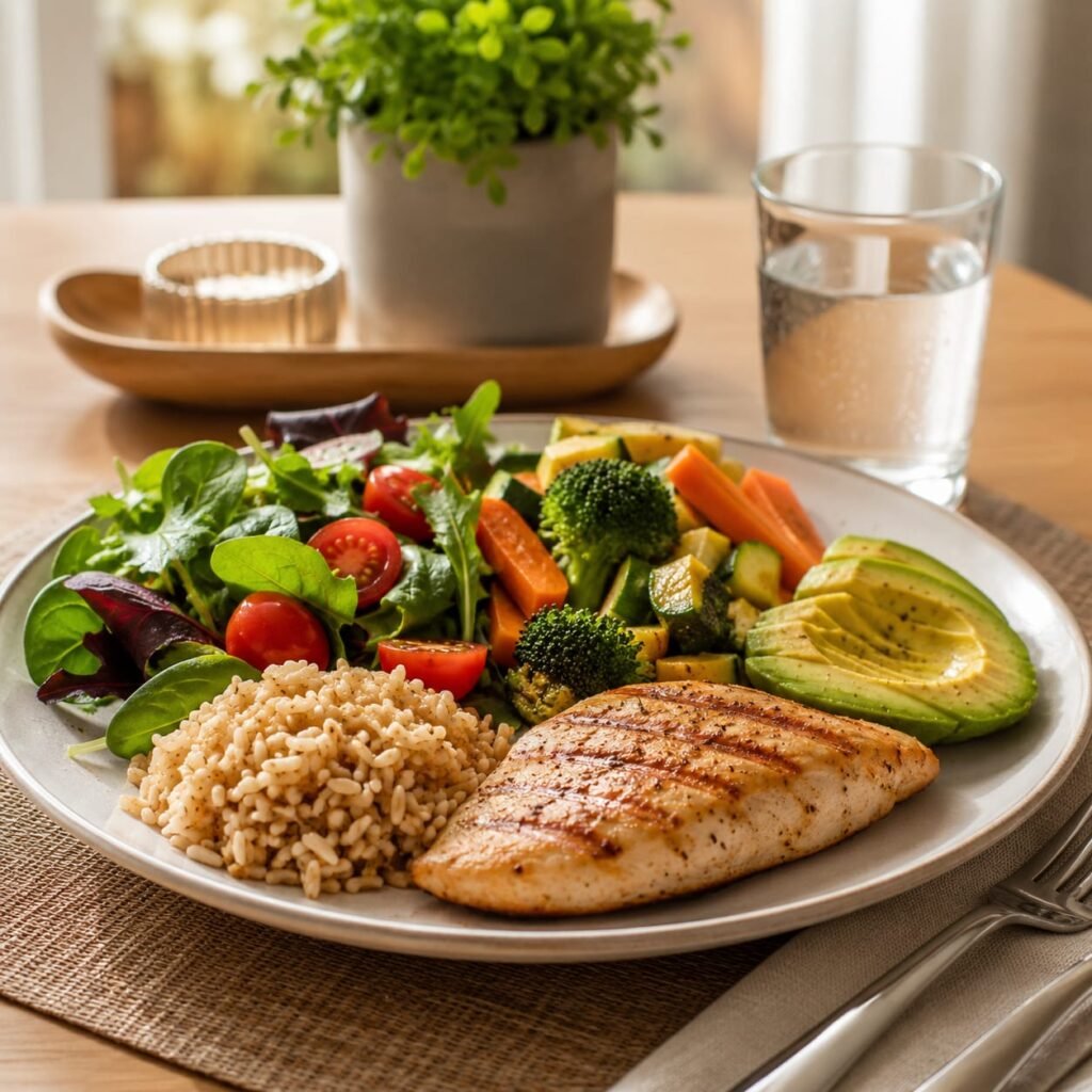Jantar para mulheres 40+ saudável com proteína, legumes e arroz integral
