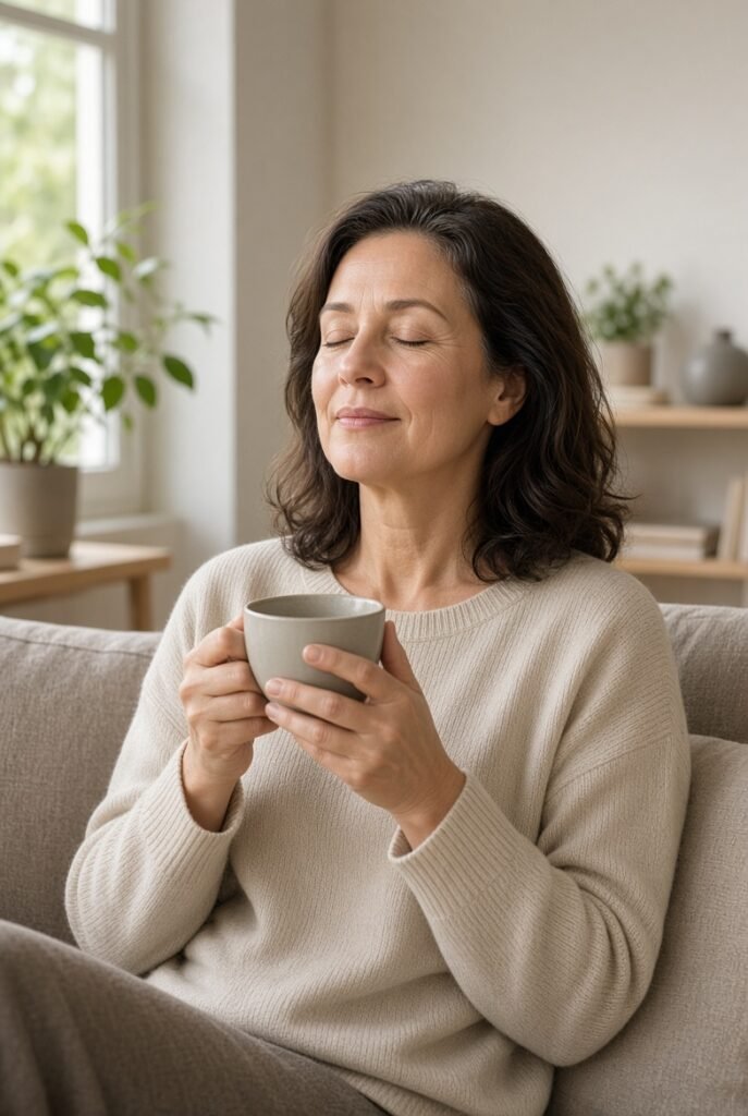 Mulher 40+ relaxando e controlando o estresse na menopausa