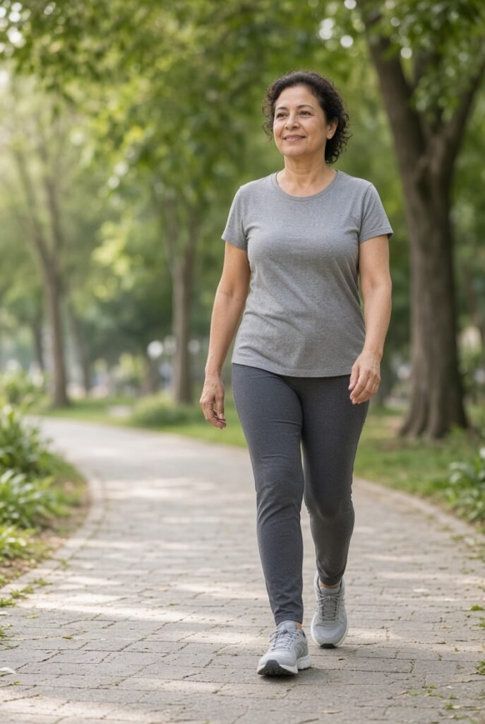 Mulher 40+ fazendo caminhada na menopausa em parque arborizado