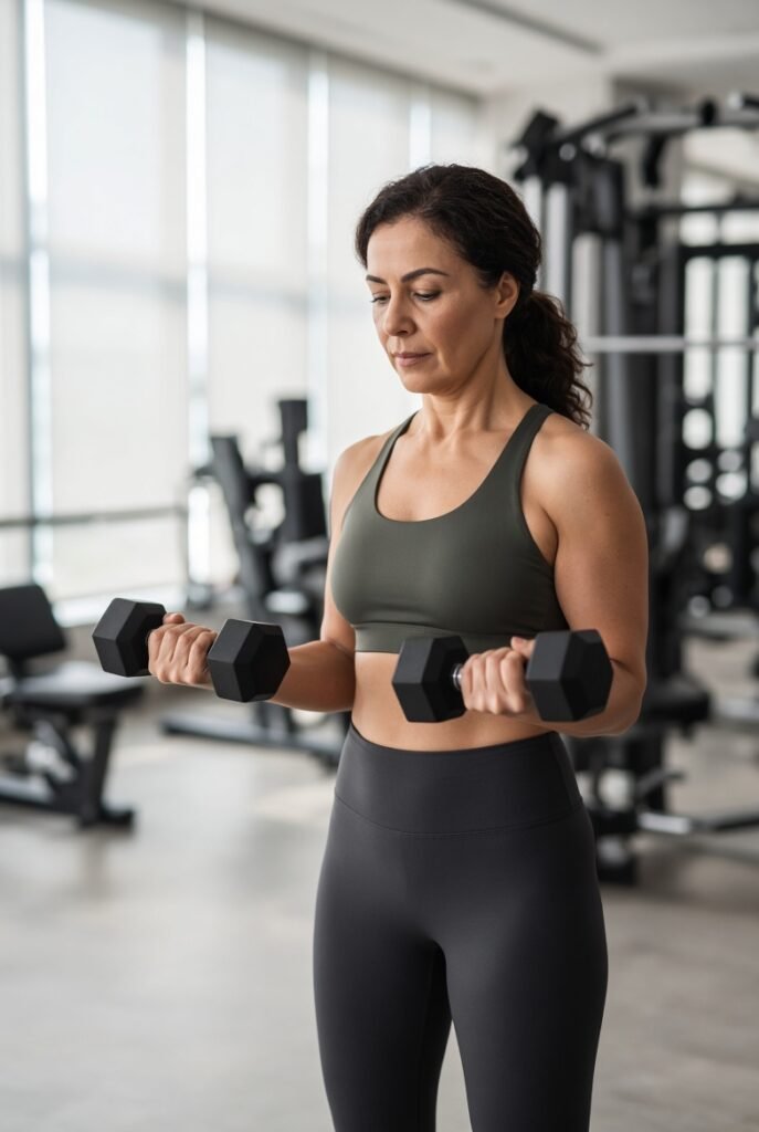 Mulher acima dos 40 anos fazendo treino de força na menopausa com halteres
