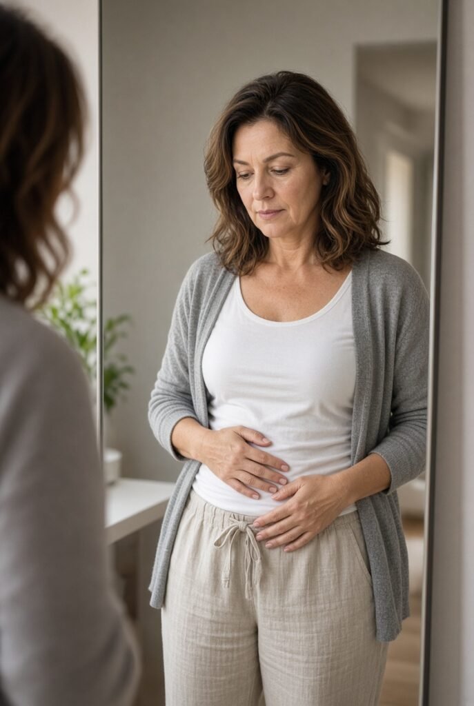 Mulher 40+ durante a menopausa com foco na região abdominal